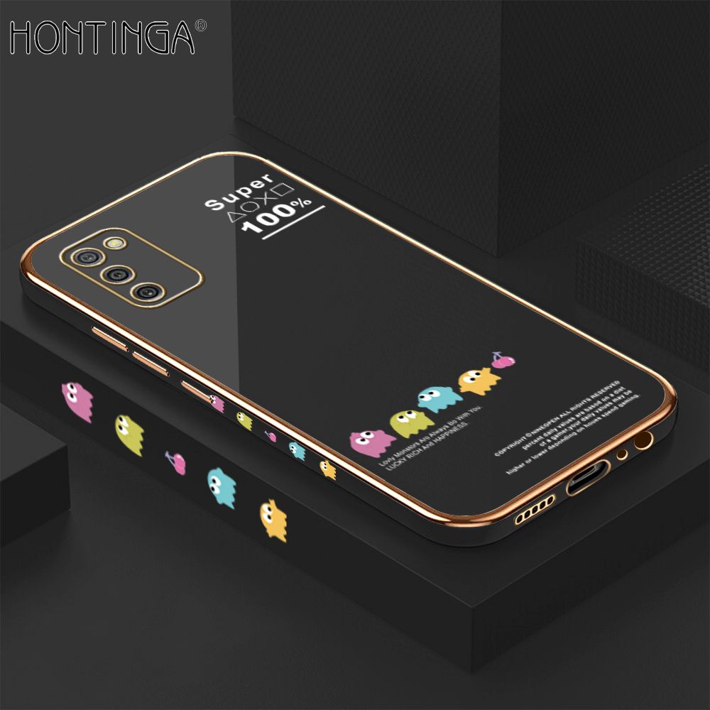 Hontinga for Samsung A02S Back Cover + Free Lanyard Luxury 6D Plating Cute Game Mobs Side Pattern Case Soft Silicone Square Mobile Cover
