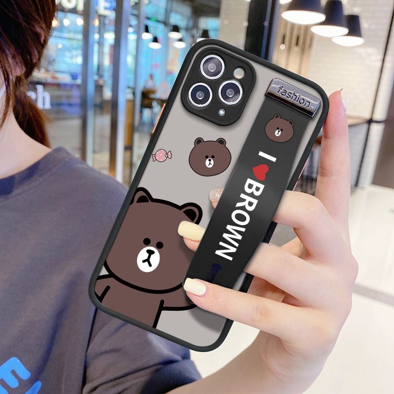 UCUC for iPhone 11 Pro Max Wrist Strap Case Cute Brown Bear Wristband Printing Cover Shockproof Ultra Thin Phone Case