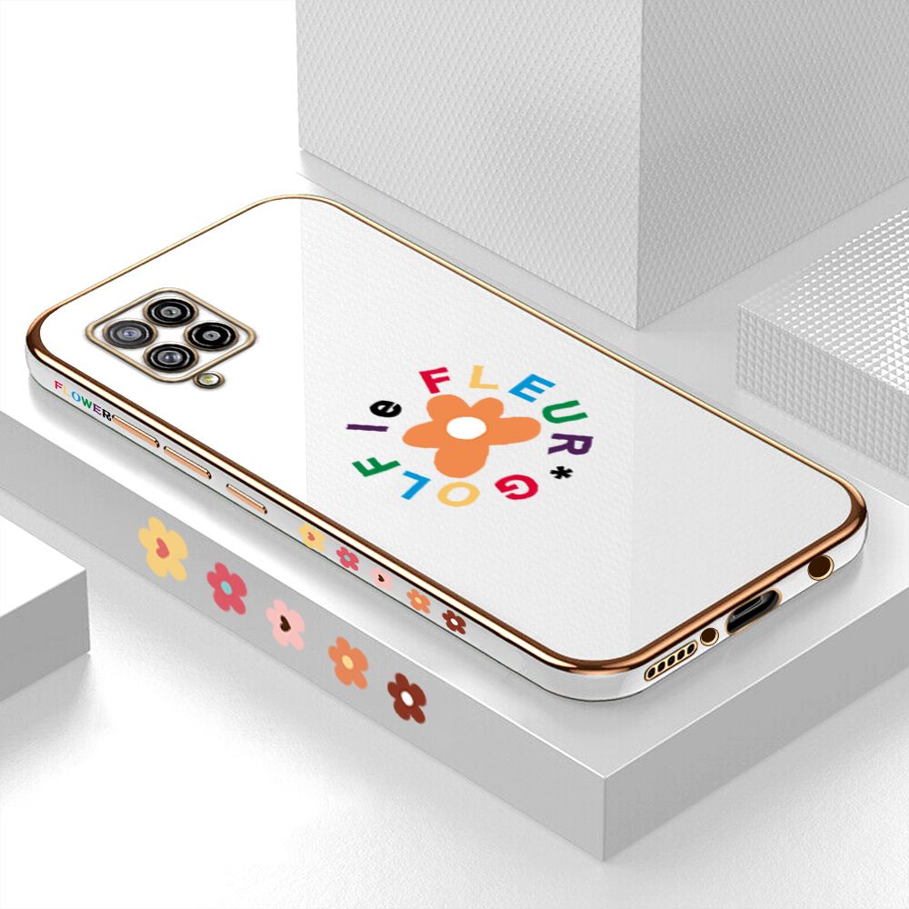 Luxury 6D Plating Case for Samsung A42 5G Cartoon Flower Side Pattern Back Cover Soft Silicone Square Phone Cases + Free Lanyard