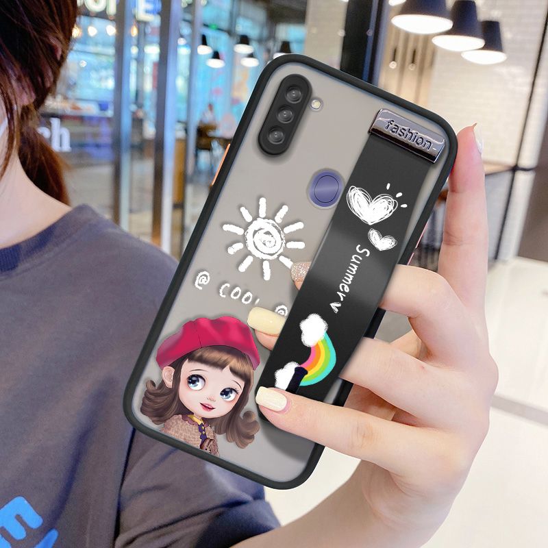 UCUC for Samsung Galaxy A11 Wrist Strap Case Lovely Cartoon Red Hat Girl Wristband Printing Cover Shockproof Frosted Phone Case