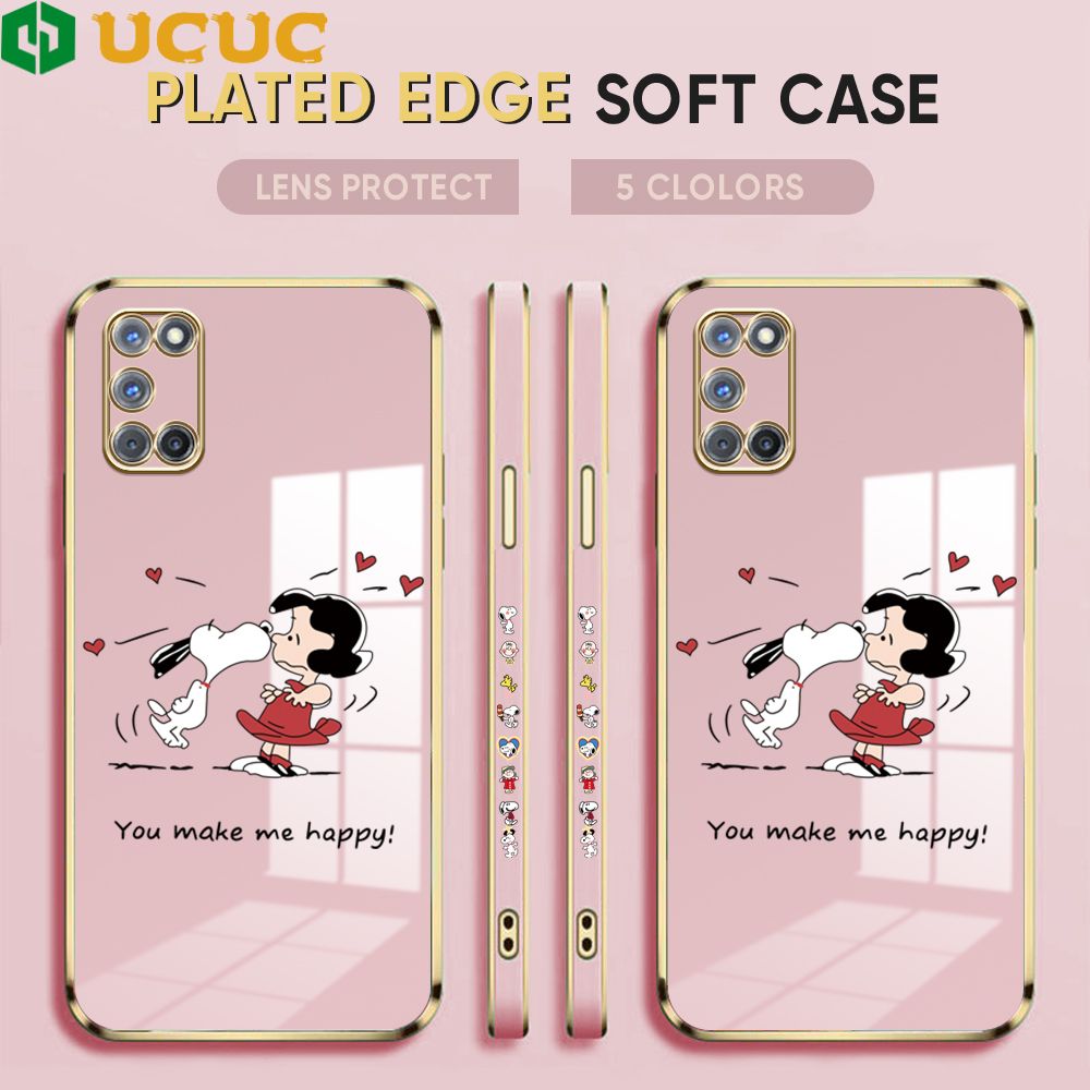 UCUC for OPPO A52 / A92 Back Cover + Free Lanyard Happy Puppy Luxury 6D Plating Case Side Pattern Soft Silicone Square Phone Cases