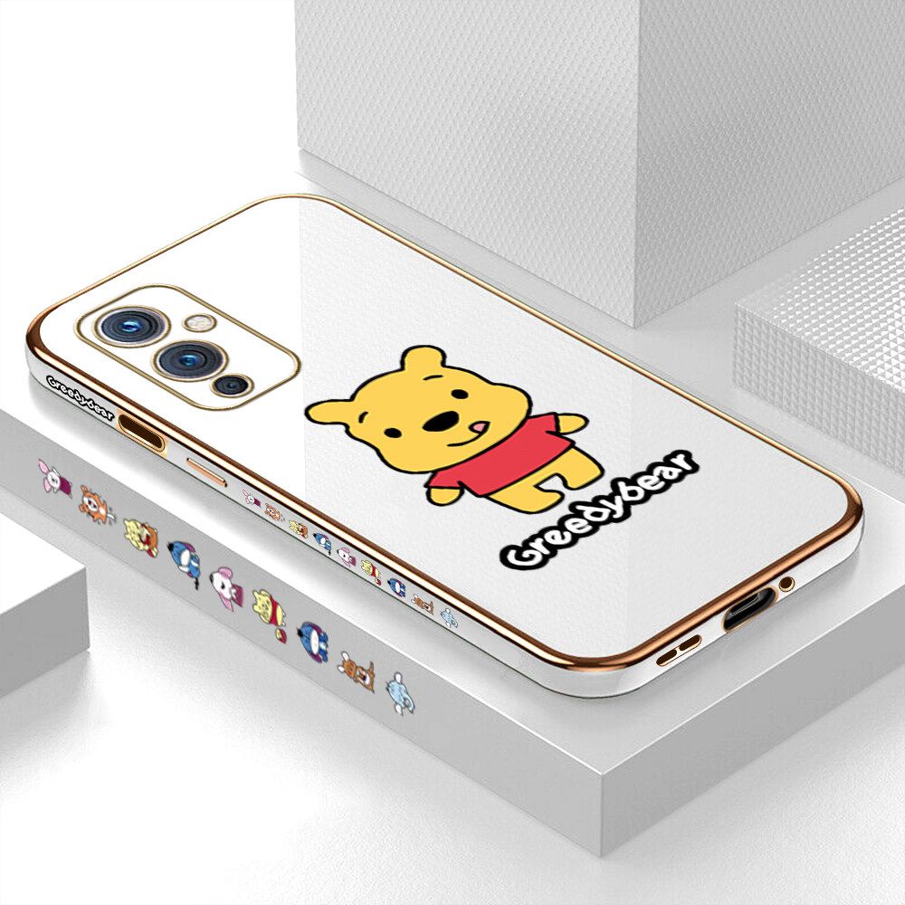 Luxury 6D Plating Case for OnePlus 9 Squirming Little Sweet Bear Side Pattern Back Cover Soft Silicone Square Frame Shiny Bling Phone Cases + Free Lanyard