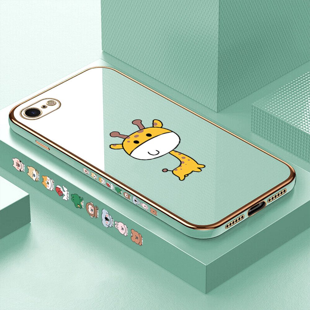 Luxury 6D Plating Case for iPhone 7 Color Cute Giraffe Side Pattern Back Cover Soft Silicone Square Frame Shiny Bling Phone Cases + Free Lanyard
