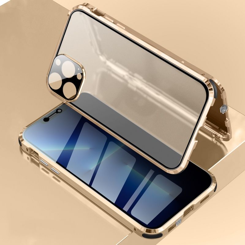 Four-corner Shockproof Anti-peeping Magnetic Metal Frame Double-sided Tempered Glass Case For iPhone 13 Pro