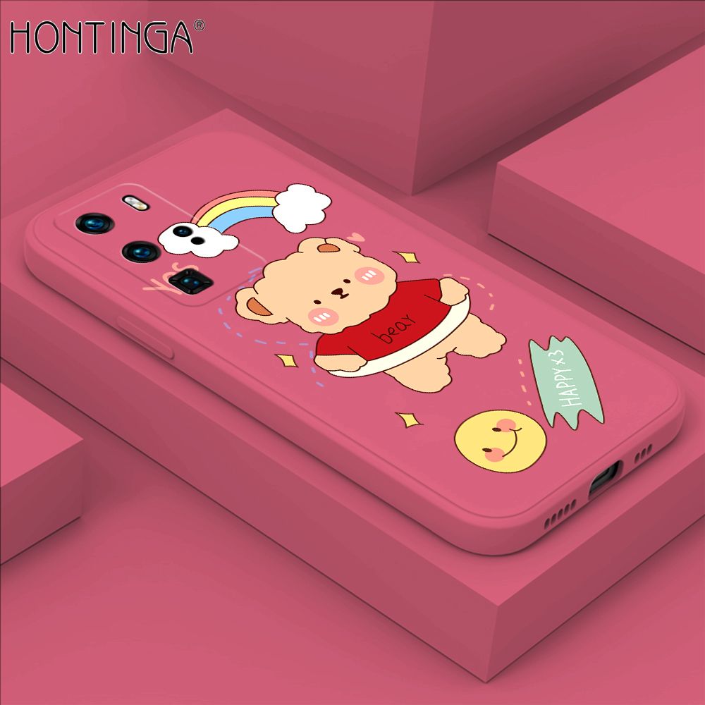Hontinga for Huawei P40 Pro Case Lovely Cartoon Bear Phone Case Phone Case Soft Square Edge Silicone Cases Full Lens Cover Shockproof Protection Cover