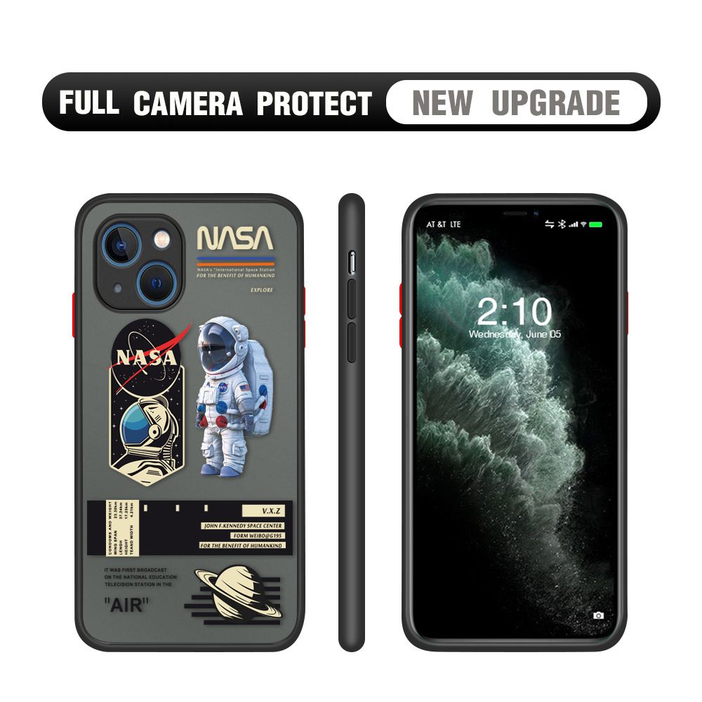 Hontinga for iPhone 13 Mini Case Cartoon Astronaut Cover Camera Shockproof Protection Case Edge Frosted Transparent Phone Cover