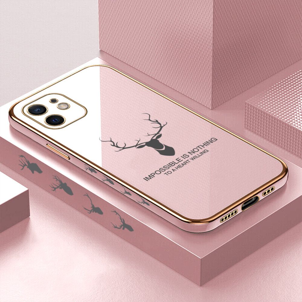 Luxury 6D Plating Case for iPhone 12 Alphabet Lucky Deer Side Pattern Back Cover Soft Silicone Square Frame Shiny Bling Phone Cases + Free Lanyard