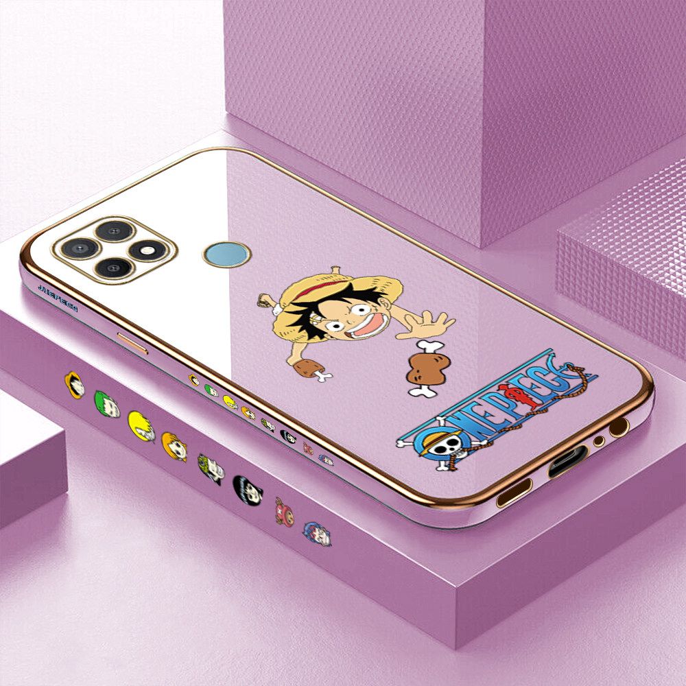 Luxury 6D Plating Case for OPPO A15S Gluttonous Cartoon Luffy Side Pattern Back Cover Soft Silicone Square Frame Shiny Bling Phone Cases + Free Lanyard