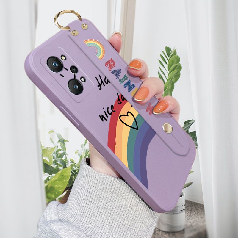 ZeroQiQi for Realme GT Neo2 Wrist Strap Case Lovely Graffiti Rainbow Smile Thin Phone Cover Square Edge Liquid Silicone Creativity Phone Case