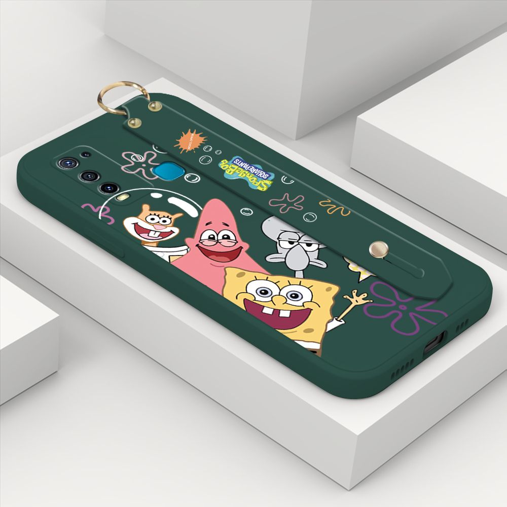 ZeroQiQi for Vivo Y50 Wrist Strap Case Cute Cute Funny Cartoon Sponge for Square Pants Cover Square Edge Liquid Silicone Anti-drop Phone Case