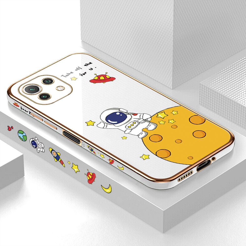 Luxury 6D Plating Case for Xiaomi 11 Lite 5G Cute Cartoon Happy Astronaut Side Pattern Back Cover Soft Silicone Square Frame Shiny Bling Phone Cases + Free Lanyard