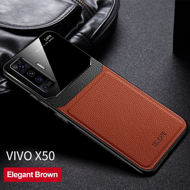 For Vivo X50 Business Slim Hybrid Leather TPU Bumper Glass Lens Protective Case Cover