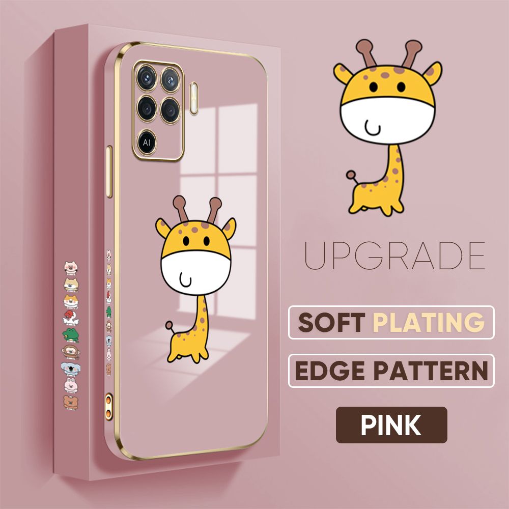 Jizetin (Free Lanyard) OPPO A94 Cover Big Head Giraffe Luxury 6D Plating Soft Casing Silicone Square Frame Phone Case Shiny Bling Back Cover