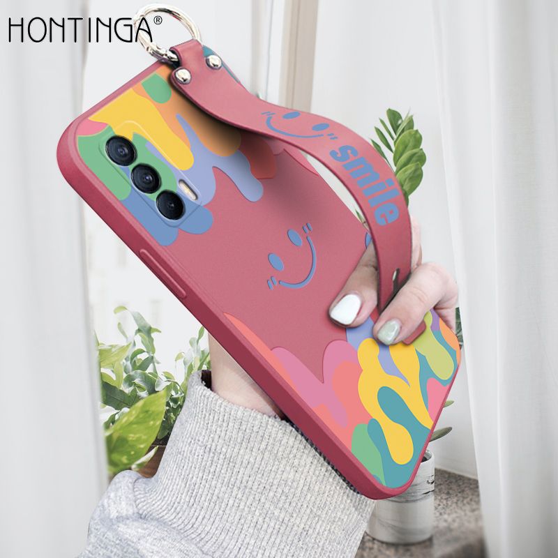 Hontinga for Realme V15 5G Wrist Strap Case Soft Candy Color Splash Ink Cover Trend Square Printed Pattern Liquid Silicone Phone Case