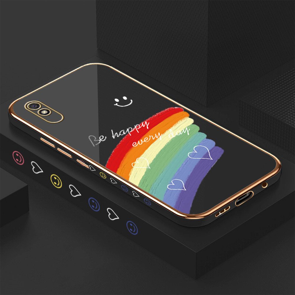 Luxury 6D Plating Case for Redmi 9A Smile Rainbow Lover Heart Side Pattern Back Cover Soft Silicone Square Frame Shiny Bling Phone Cases + Free Lanyard