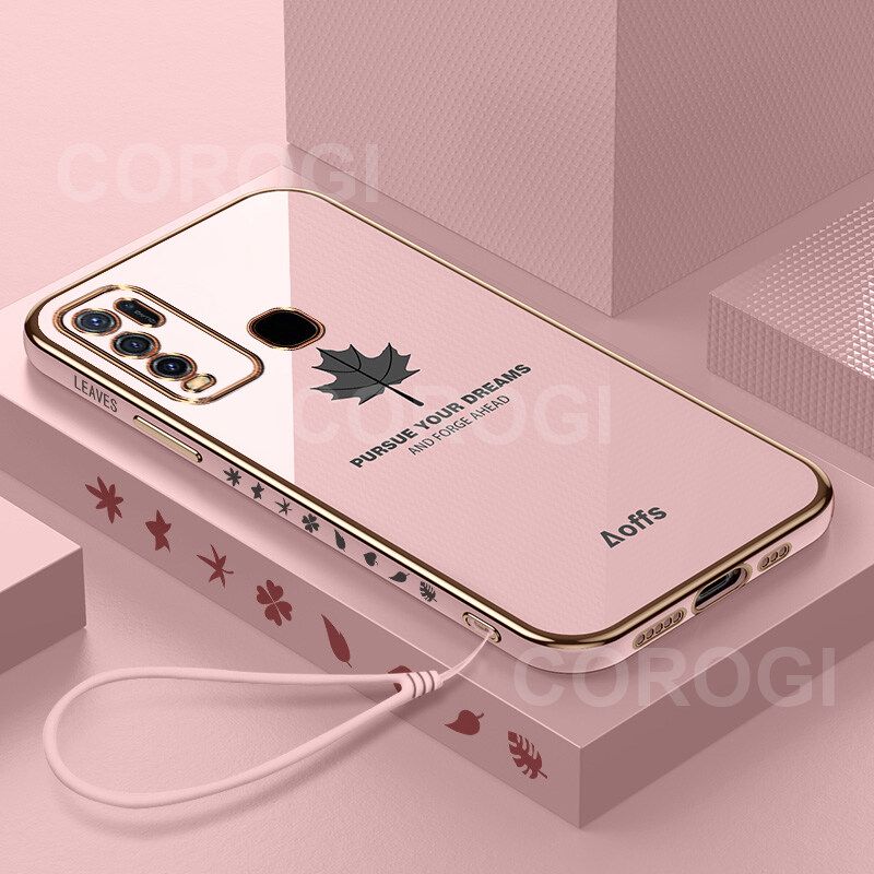 For Vivo Y30 Y50 Cover + Wrist Strap Fashion Shiny Maple leaf Plating Square Bumper Phone Case Soft TPU Silicone Shockproof Protective Back Cover