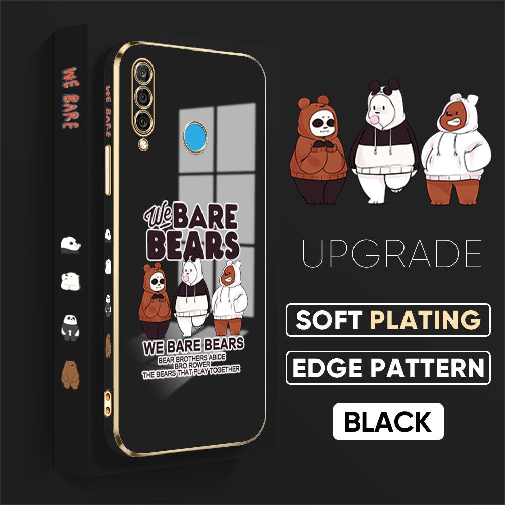 TA for Huawei P30 Lite / Nova 4E Back Cover + Free Lanyard Cute Three Bears Luxury 6D Plating Case Side Pattern Soft Silicone Square Phone Cases