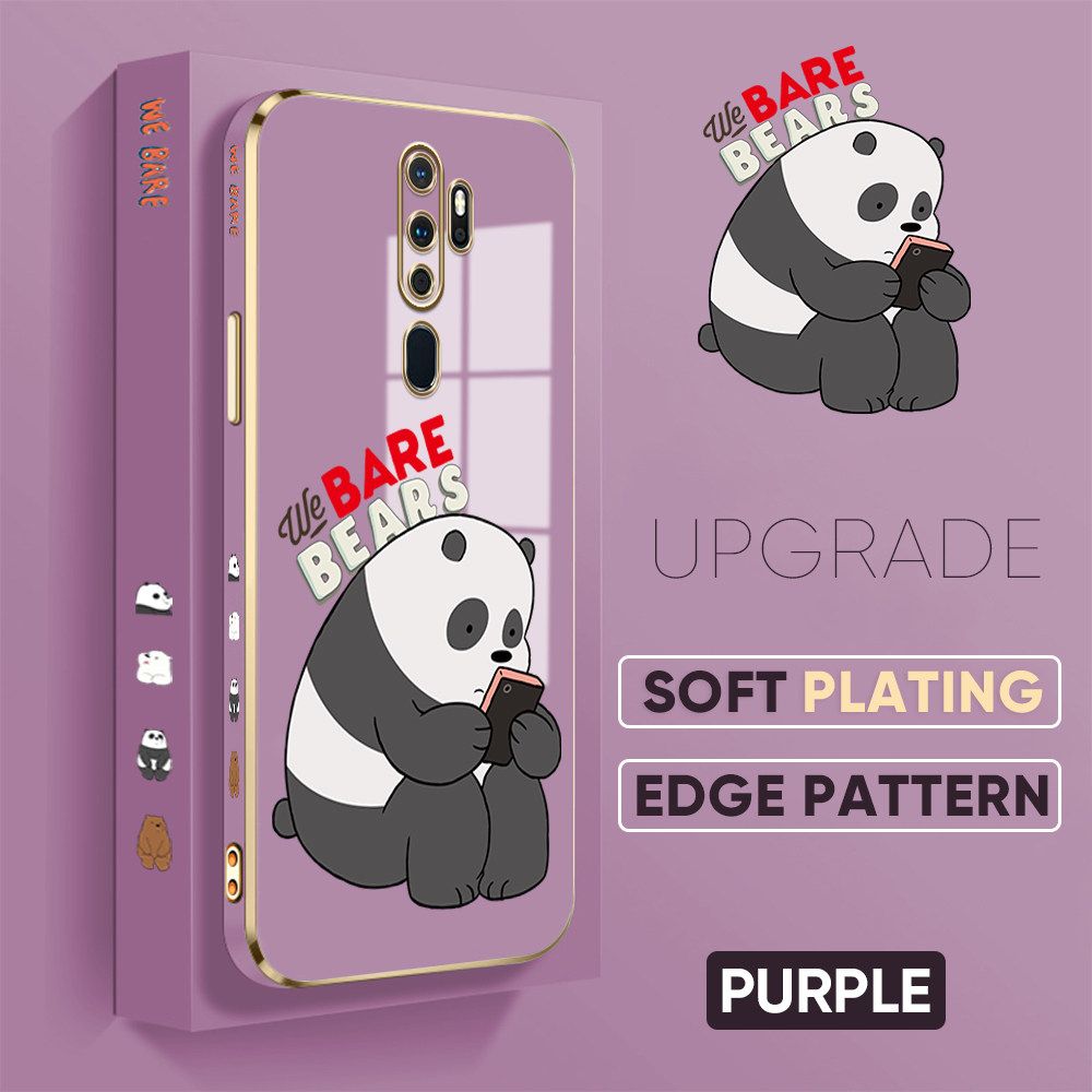 TA for OPPO A5 2020 / A9 2020 Back Cover + Free Lanyard Panda Reading Luxury 6D Plating Case Side Pattern Soft Silicone Square Phone Cases