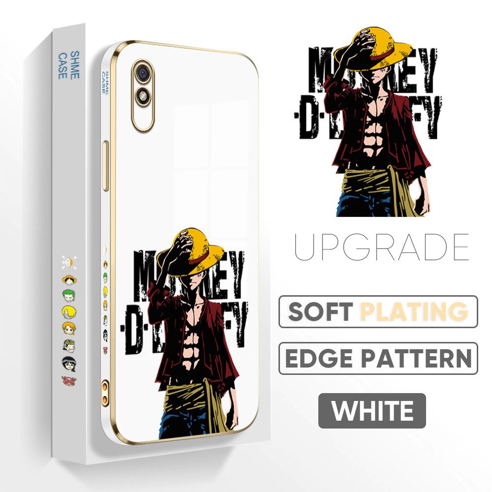 TA for Redmi 9A Back Cover + Free Lanyard Handsome Luffy Luxury 6D Plating Case Side Pattern Soft Silicone Square Phone Cases