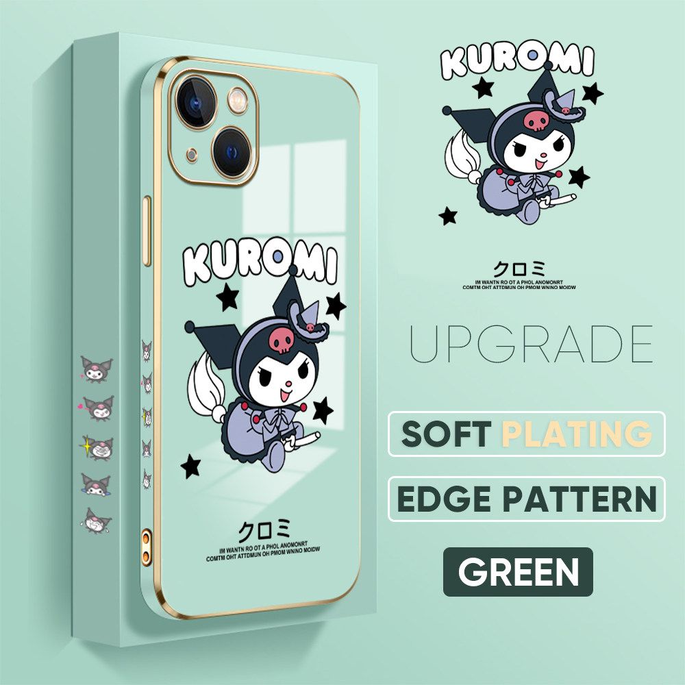 Jizetin (Free Lanyard) iPhone 13 Luxury 6D Plating Soft Casing Silicone Square Frame Phone Case Shiny Bling Back Cover Cute Cartoon Anime Characters New design Side Drawing Case