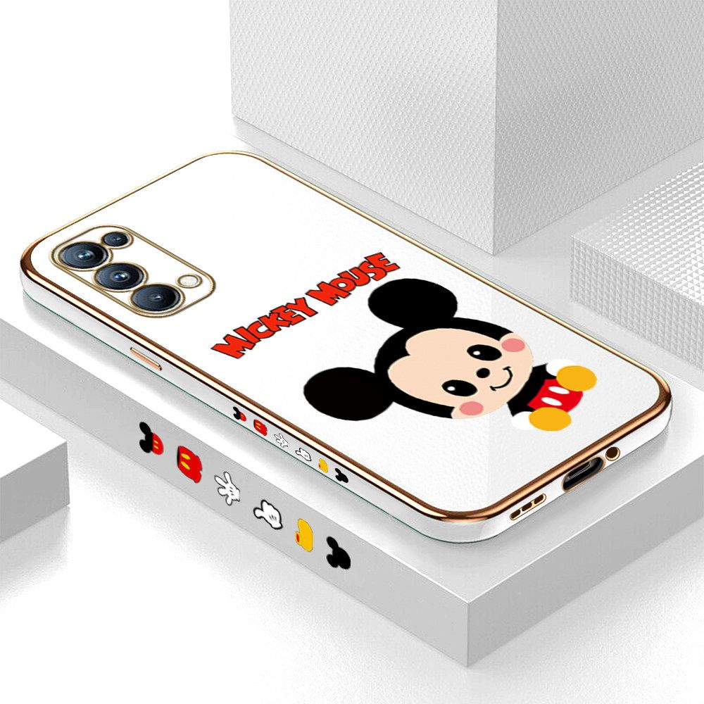 Luxury 6D Plating Case for OPPO Reno5 Pro 5G Cute Cartoon Mouse Side Pattern Back Cover Soft Silicone Square Frame Shiny Bling Phone Cases + Free Lanyard