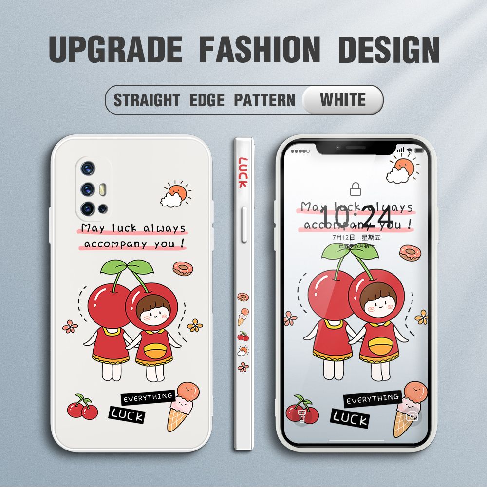Jizetin for Vivo V17 Case Fashion Cherry Girl Design Side Design Phone Case Square Edge Pattern Liquid Silicone Cases Full Cover Camera Shockproof Protective Case