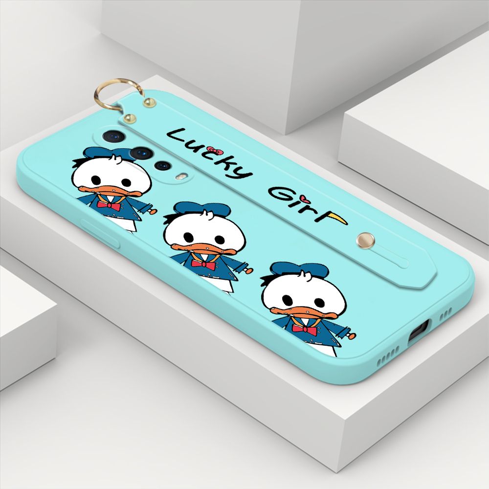 ZeroQiQi for OPPO R17 Pro Wrist Strap Case Cute Cartoon Little Duck Phone Case Square Edge Liquid Silicone Case Full Cover Camera Shockproof Protective Cases