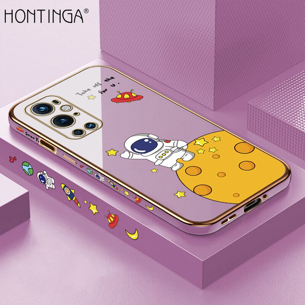 Hontinga for OnePlus 9 Pro Back Cover + Free Lanyard Luxury 6D Plating Cartoon Lunar Astronaut Side Pattern Case Soft Silicone Square Mobile Cover