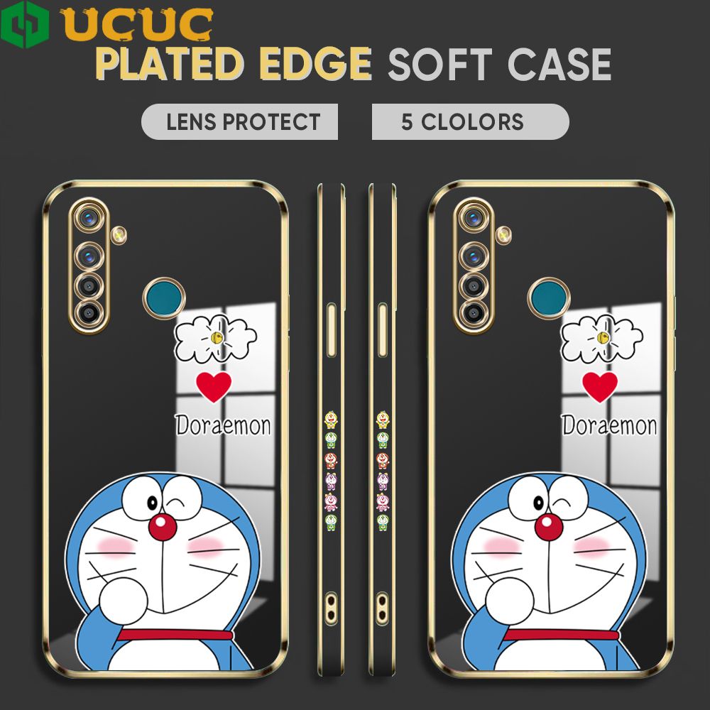 UCUC for Realme 5 Pro Back Cover + Free Lanyard Sneak Doraemon Luxury 6D Plating Case Side Pattern Soft Silicone Square Phone Cases