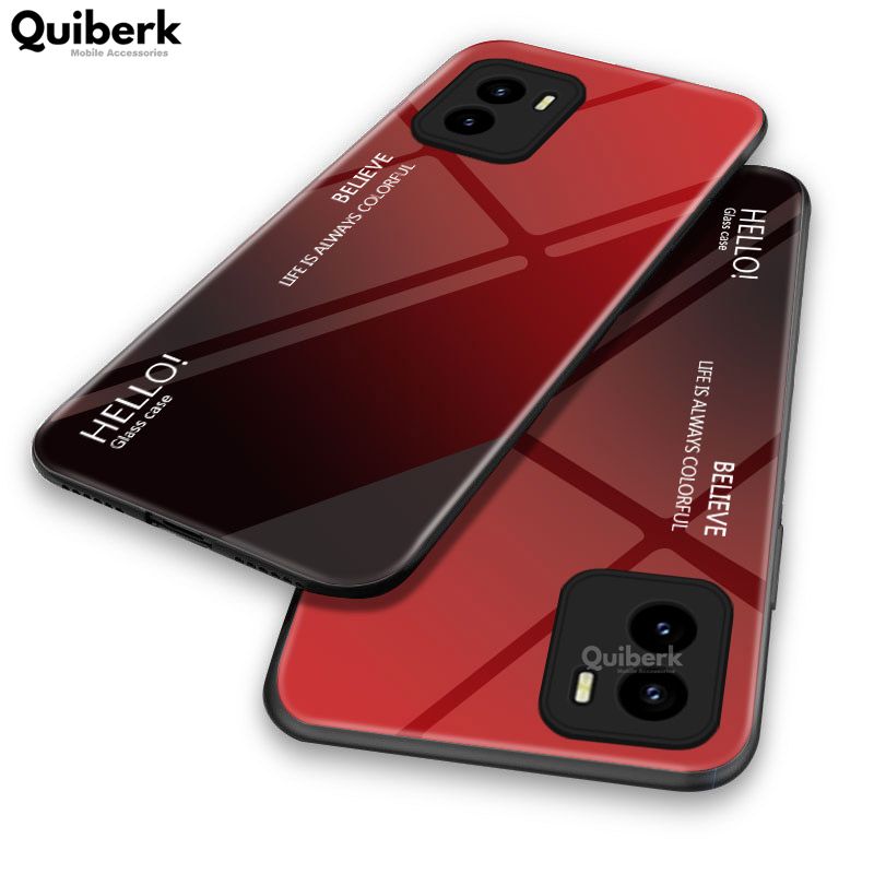 Quiberk for Vivo Y01/Y15s Tempered Glass Hard Case Gradient Color Back + Soft Frame Shockproof Phone Cover