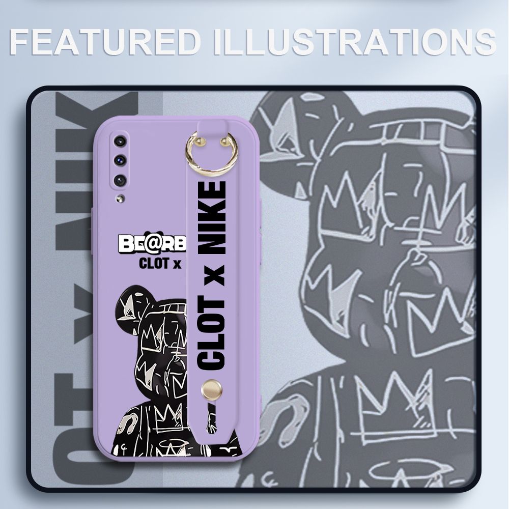UCUC for Samsung Galaxy A50 Wrist Strap Case Creative Cartoon Black Stitching Bear Cover Ultra Thin Anti Fall Liquid Silicone Phone Case