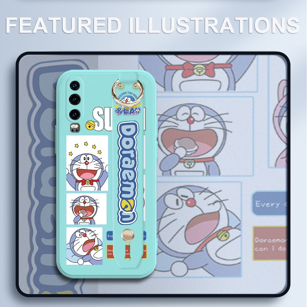 UCUC for Huawei P30 Wrist Strap Case Creative Cartoon Doraemon's Daily Life Cover Ultra Thin Anti Fall Liquid Silicone Phone Case