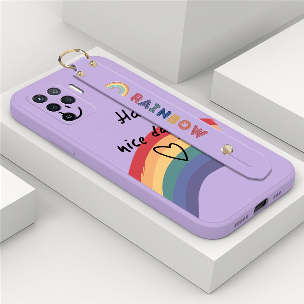 ZeroQiQi for OPPO Reno5 F Wrist Strap Case Lovely Graffiti Rainbow Smile Thin Phone Cover Square Edge Liquid Silicone Creativity Phone Case