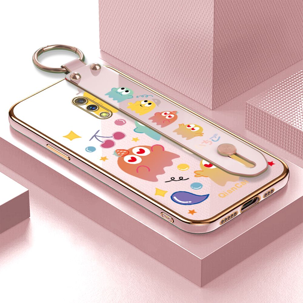 Jizetin for Realme X Back Cover Bean Monster Luxury 6D Plating Wrist Strap Phone Cases Soft Silicone Square Mobile Phone Case