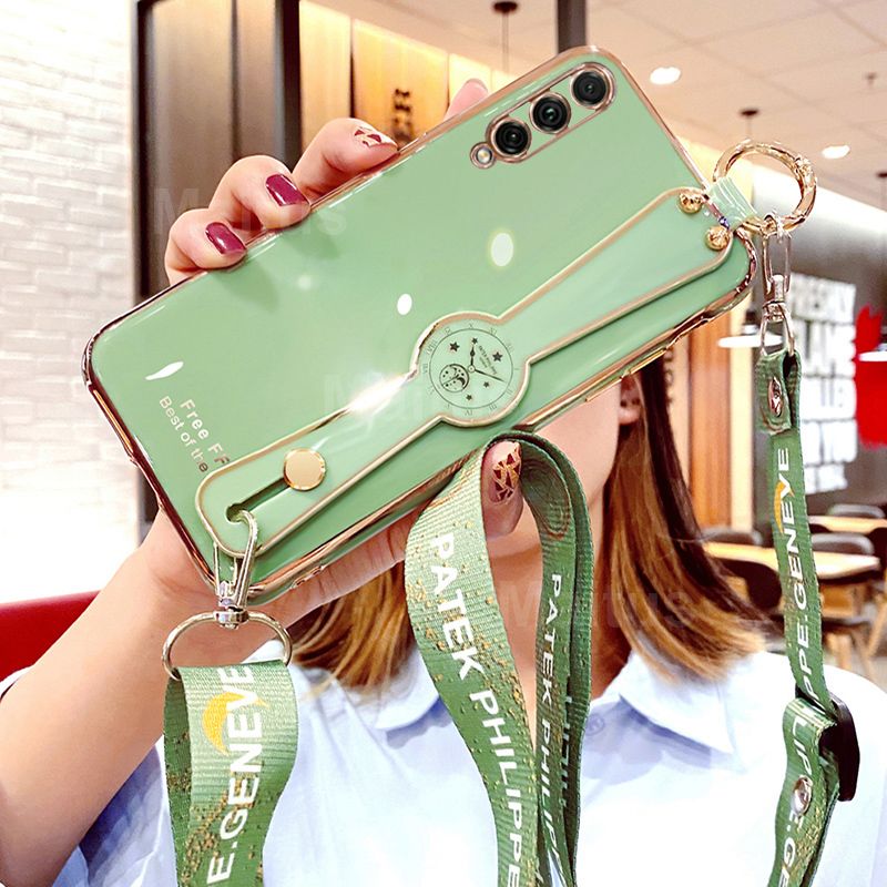 For Samsung Galaxy A70 A50S A50 A30S A20S A12 A11 A10S A10 M11 Case + Lanyard & Wristband Stand Holder [Camera Lens Protection] Ultra Thin Shiny Plating Phone Casing Soft TPU Silicone Shockproof Cases Protective Cover