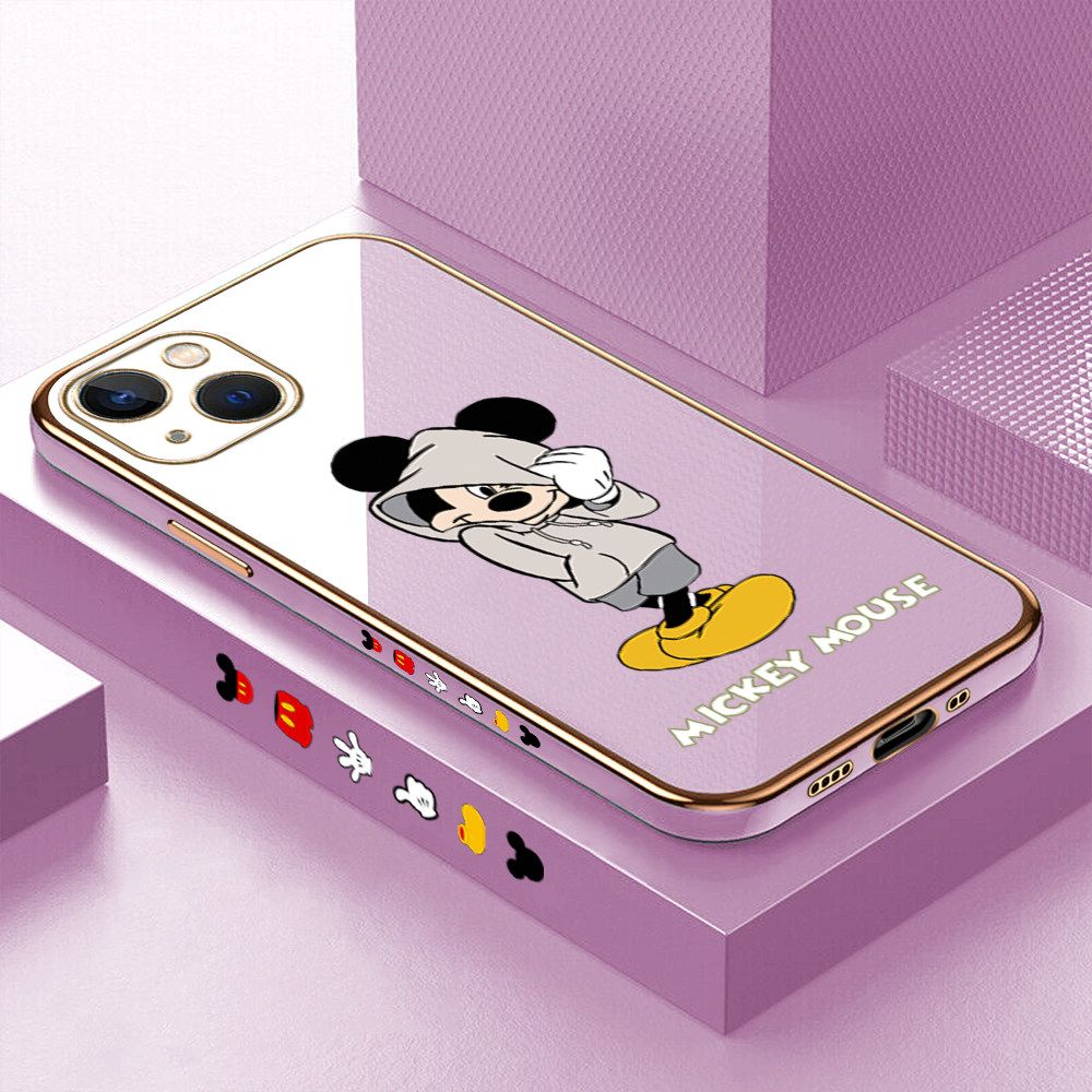 Luxury 6D Plating Case for iPhone 13 Mini Cartoon Cool Mouse Side Pattern Back Cover Soft Silicone Square Frame Shiny Bling Phone Cases + Free Lanyard