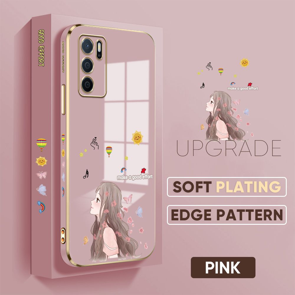 TA for OPPO A16 Back Cover + Free Lanyard Charming Girl Luxury 6D Plating Case Side Pattern Soft Silicone Square Phone Cases