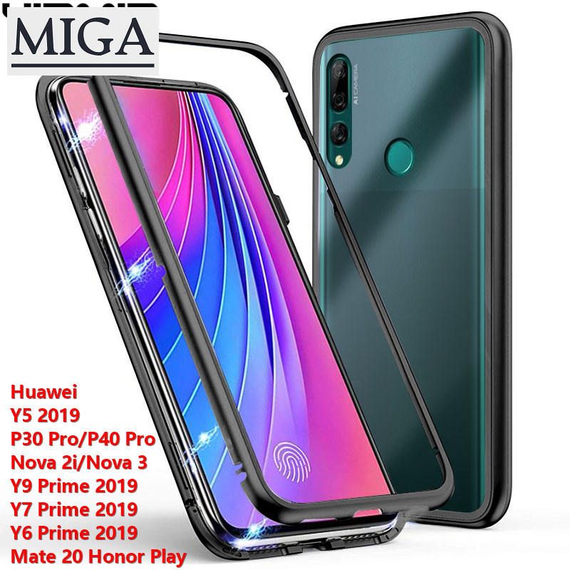 Magnetic Adsorption Phone Case For Huawei P40 Pro / Y9 Prime  / Y7 Prime  / Y6 Prime  / Honor Play Clear Back Tempered Glass and Front Bumper 2 In 1 Cover Case