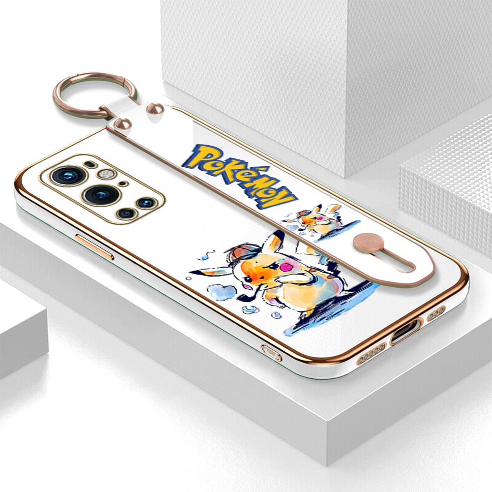 UCUC for OnePlus 9 Pro Wrist Strap Back Cover + Free Lanyard Pikachu Fashion Luxury 6D Plating Soft Casing Silicone Square Frame Phone Case