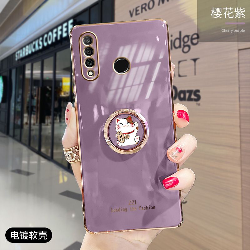 For Huawei Y6P Cover + Ring Holder Stand Shiny Plating Square Bumper Phone Case Lens Protection Soft Silicone Shockproof Protective Back Cover