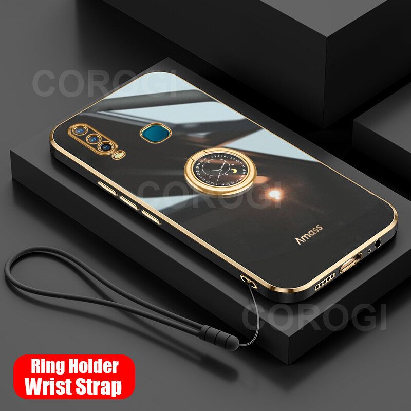 For Vivo Y17 Y15 Y12 Back Cover with Ring Holder Stand + Wrist Strap Shiny Plating Square Bumper Protective Case Soft Silicone Shockproof Mobile Phone Cases