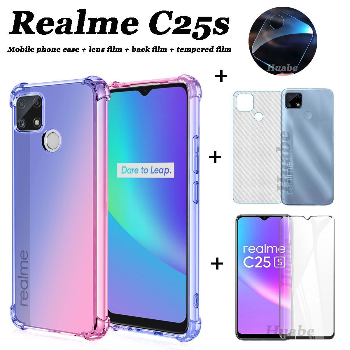 4in1 For Realme C25S mobile phone case OPPO Realme C25 C15 C12 C11 anti-fall color mobile phone case + HD full-screen tempered glass film + carbon fiber back film + lens film