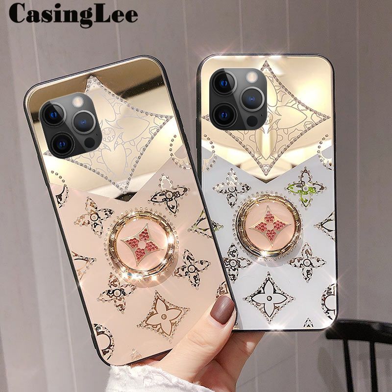 CasingLee For iPhone 13 Pro Max case Navigation Magnetic Ring Holder Luxury Diamond clover Mirror Back  Cover iPhone 13 Pro Max Phone cases cover Luxury with Lanyard