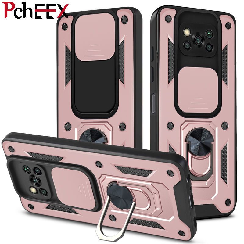 For Xiaomi Mi Poco X3 / X3 NFC / X3 Pro Phone Case, Military-Grade Push Window Cover Ring Stand Hard Anti-Fall Casing