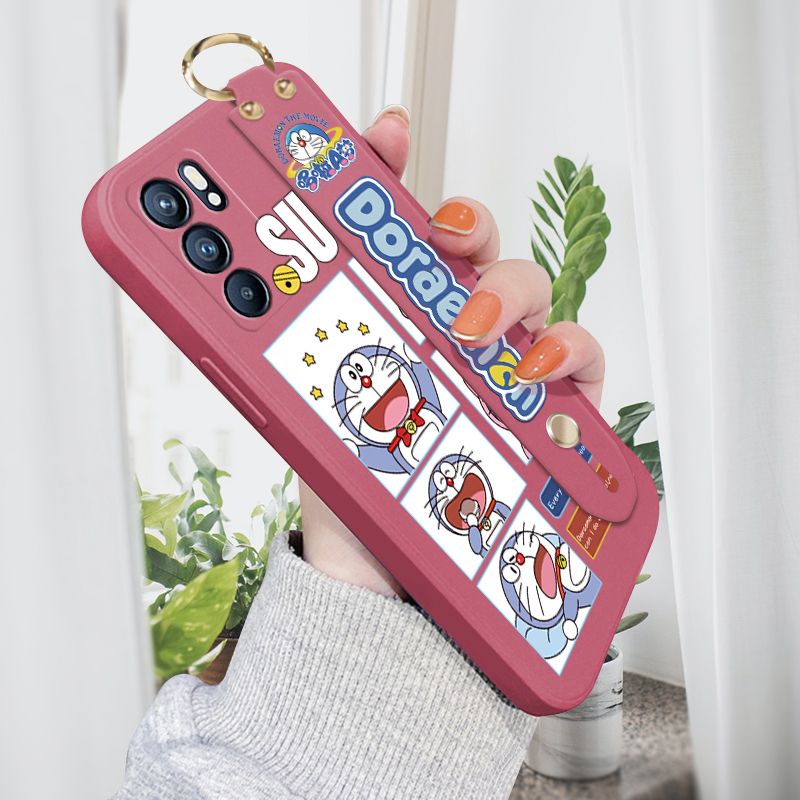 Jizetin for OPPO Reno6 5G Wrist Strap Case Creative Cartoon Doraemon's Daily Life Cover Ultra Thin Anti Fall Liquid Silicone Phone Case