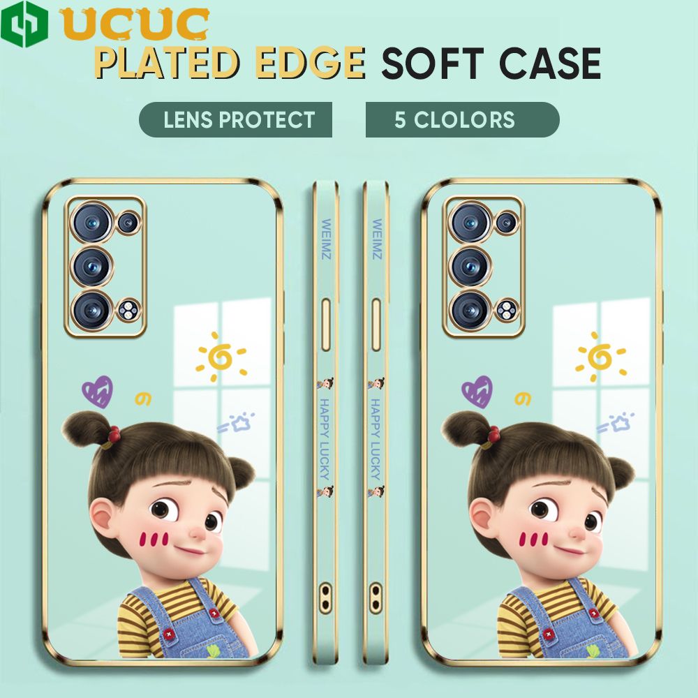 UCUC for OPPO Reno6 Pro 5G / Reno6 Pro+ 5G Back Cover + Free Lanyard Lovely Girl Luxury 6D Plating Case Side Pattern Soft Silicone Square Phone Cases