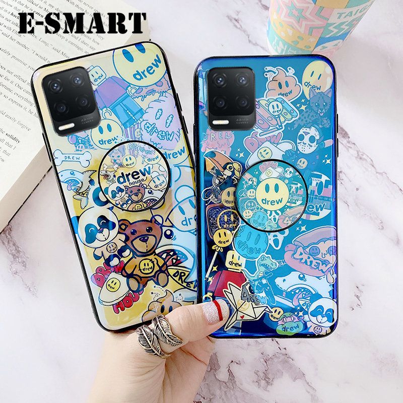 Phone Case OPPO A54 Back cover With Jack Bracket Holder stand ring Fashion Cartoon Smile Face Blue Light Silicone Soft cases Cover OPPO A54 Case