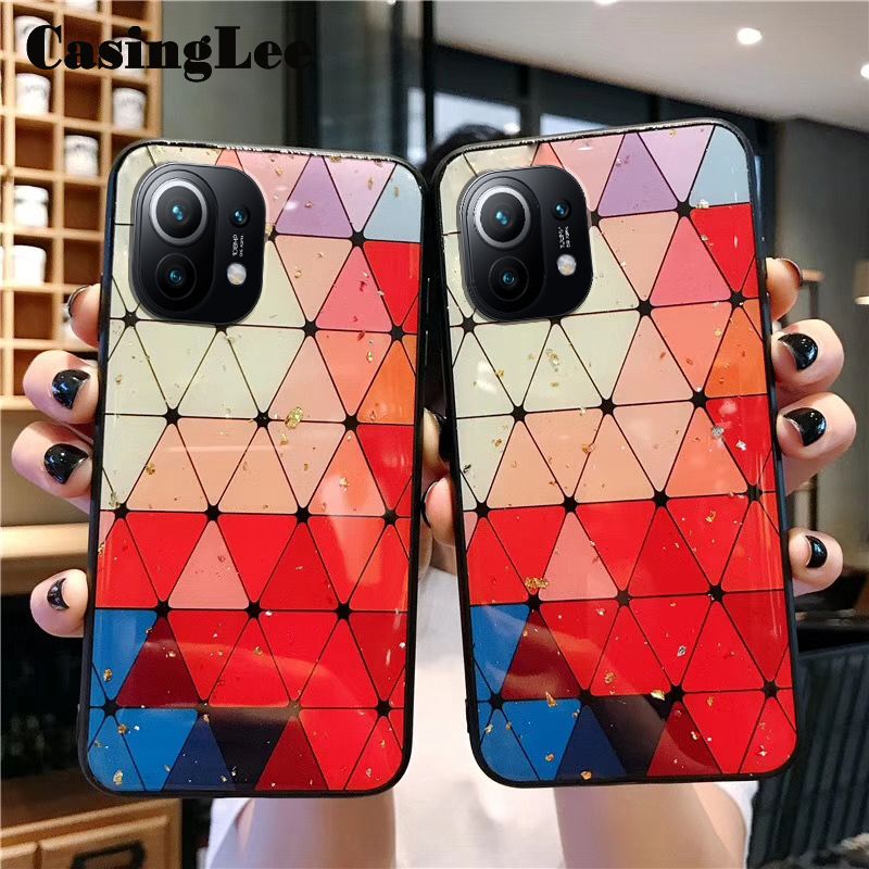 For Xiaomi 11 Lite case Shiny Gold Foil soft Phone case with Strap for Xiaomi Mi 11 Lite Back Cover Rhombus geometry Design