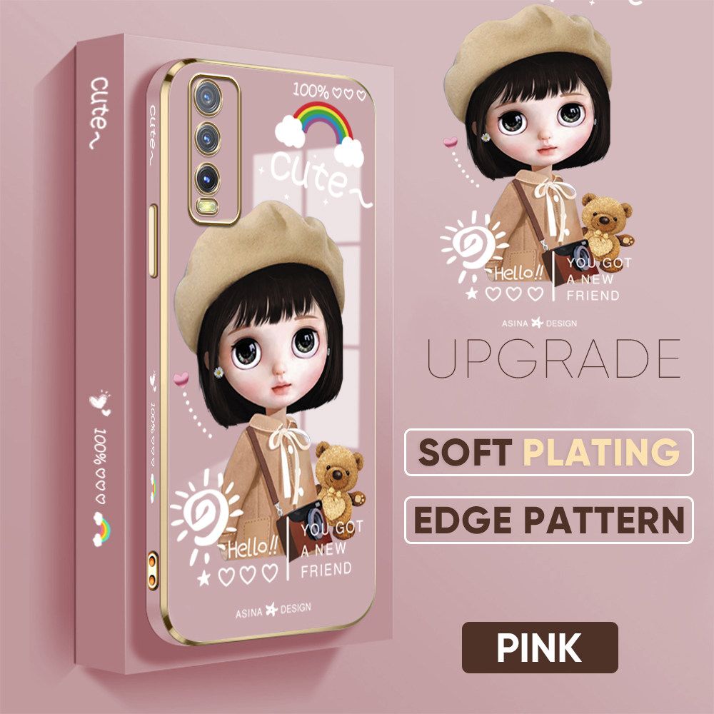 TA for Vivo Y20 2021 / Y20i / Y20 / Y20S / Y12S / Y12A / Y20S G Back Cover + Free Lanyard Satchel Girl Luxury 6D Plating Case Side Pattern Soft Silicone Square Phone Cases