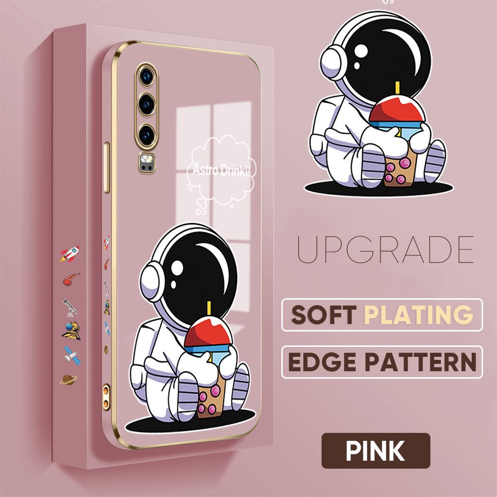TA for Huawei P30 Back Cover + Free Lanyard Cute Astronaut Luxury 6D Plating Case Side Pattern Soft Silicone Square Phone Cases